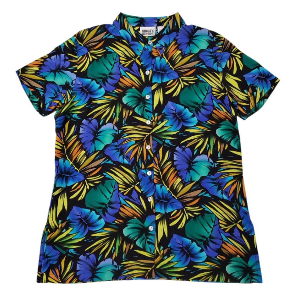 80's Chico's Design 100% Silk Palm Frond Buttom Front Blouse Size Large